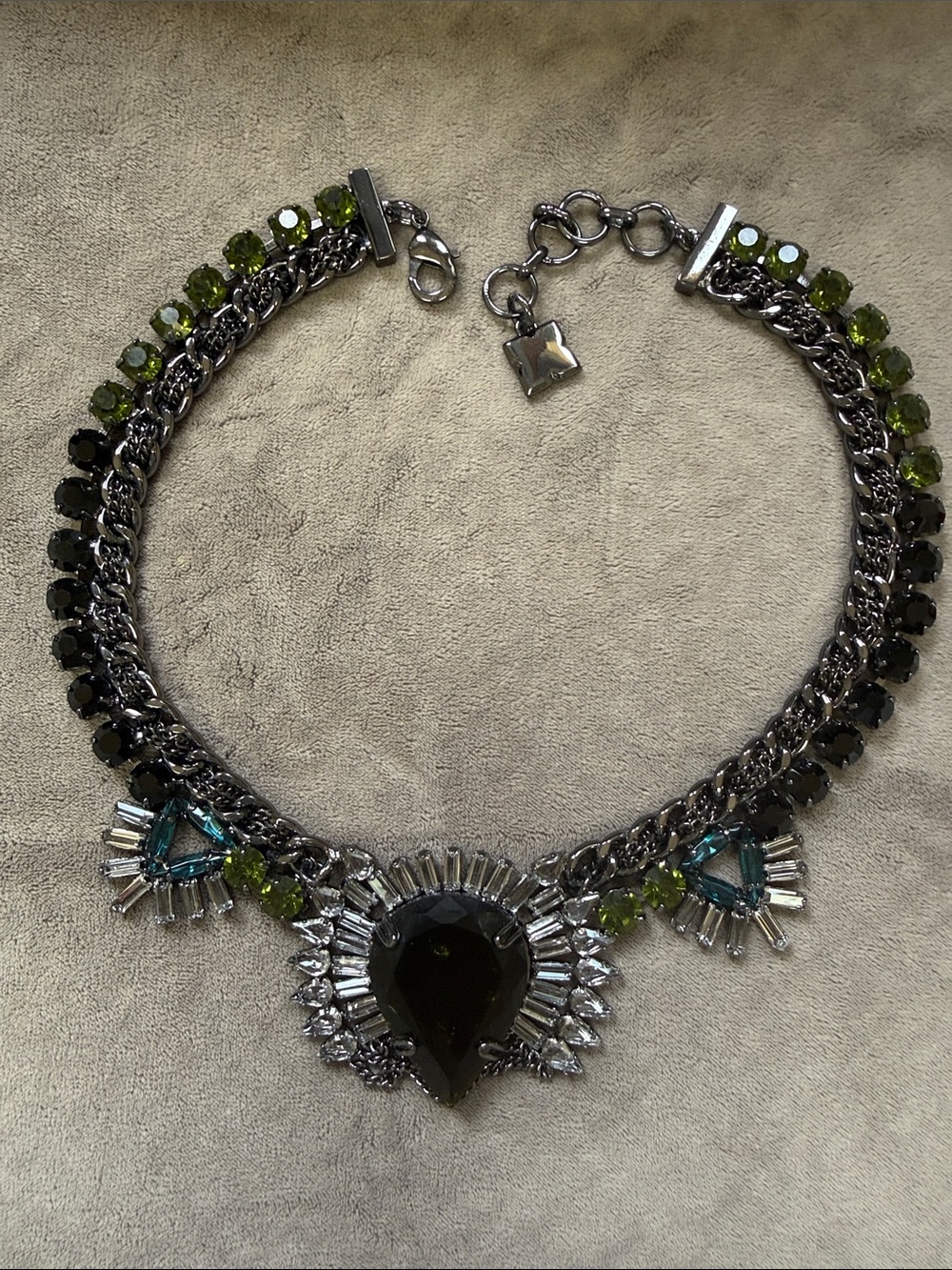 BCBG Gunmetal Necklace with Green and Teal Crystal Accents